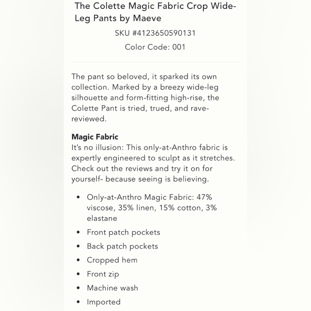 NWT MAEVE‎ ANTHROPOLOGIE The Colette Magic Fabric Crop Wide-Leg Pants Black 27 - Picture 16 of 16